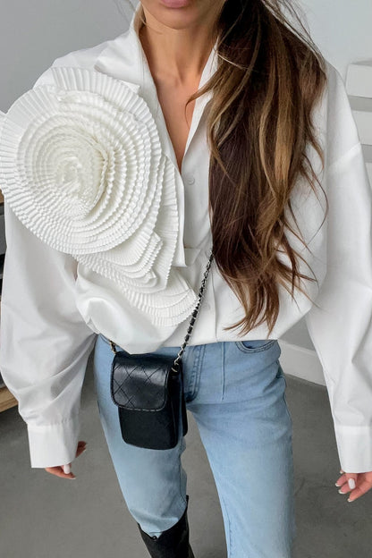 White Floral Drop Shoulder Oversized Dressy Casual Blouse