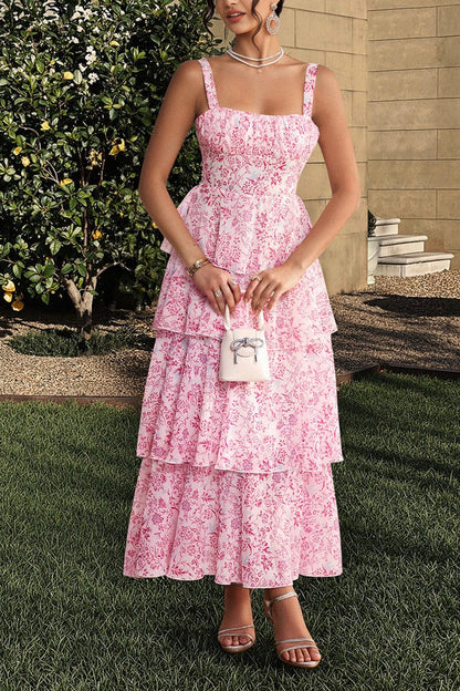Square Neck Ruched Wide Strap Tiered Toile Floral Print Maxi Dress
