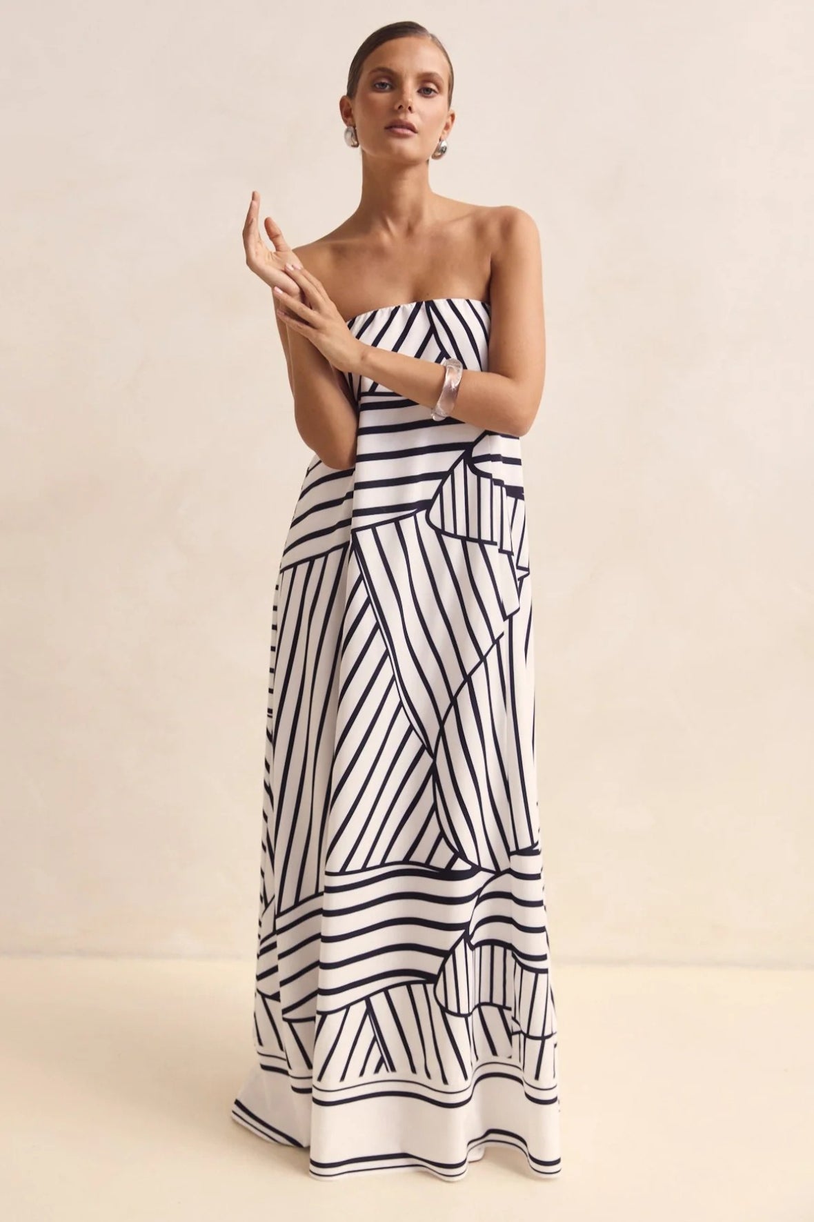 Strapless Tube Contrast Band A-Line Maxi Dress
