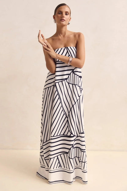 Strapless Tube Contrast Band A-Line Maxi Dress