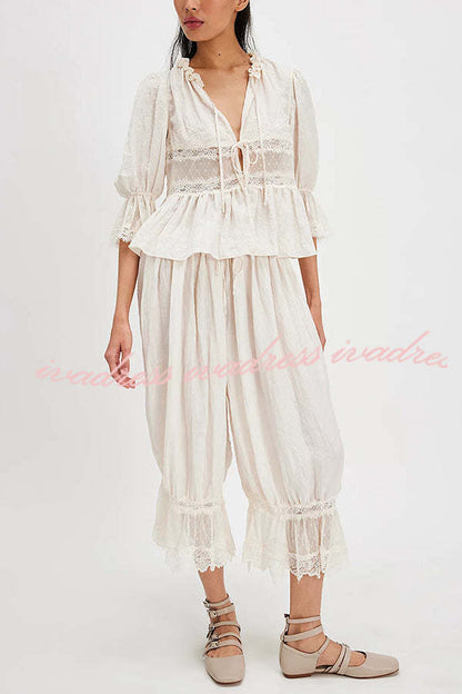 Pastoral Style Elastic Waist Lace Hem Bloomer Pants