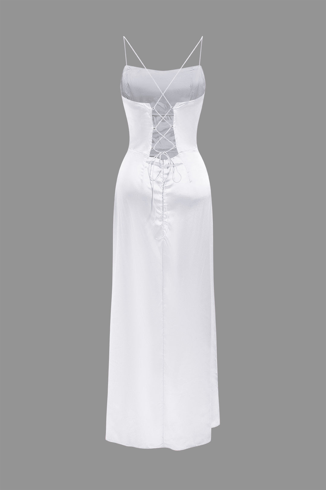 Cowl Neck Corset Bodice Spaghetti Strap Satin High Slit Maxi Dress