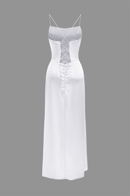 Cowl Neck Corset Bodice Spaghetti Strap Satin High Slit Maxi Dress