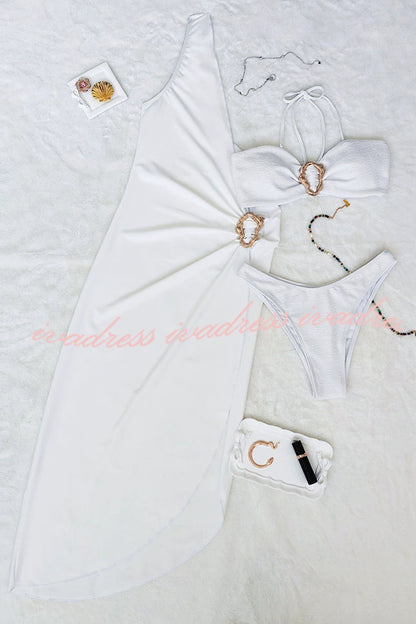 Solid Color Sexy Metallic Stretch Two Piece Bikini Swimsuit and One Shoulder Slim Cover Up Set