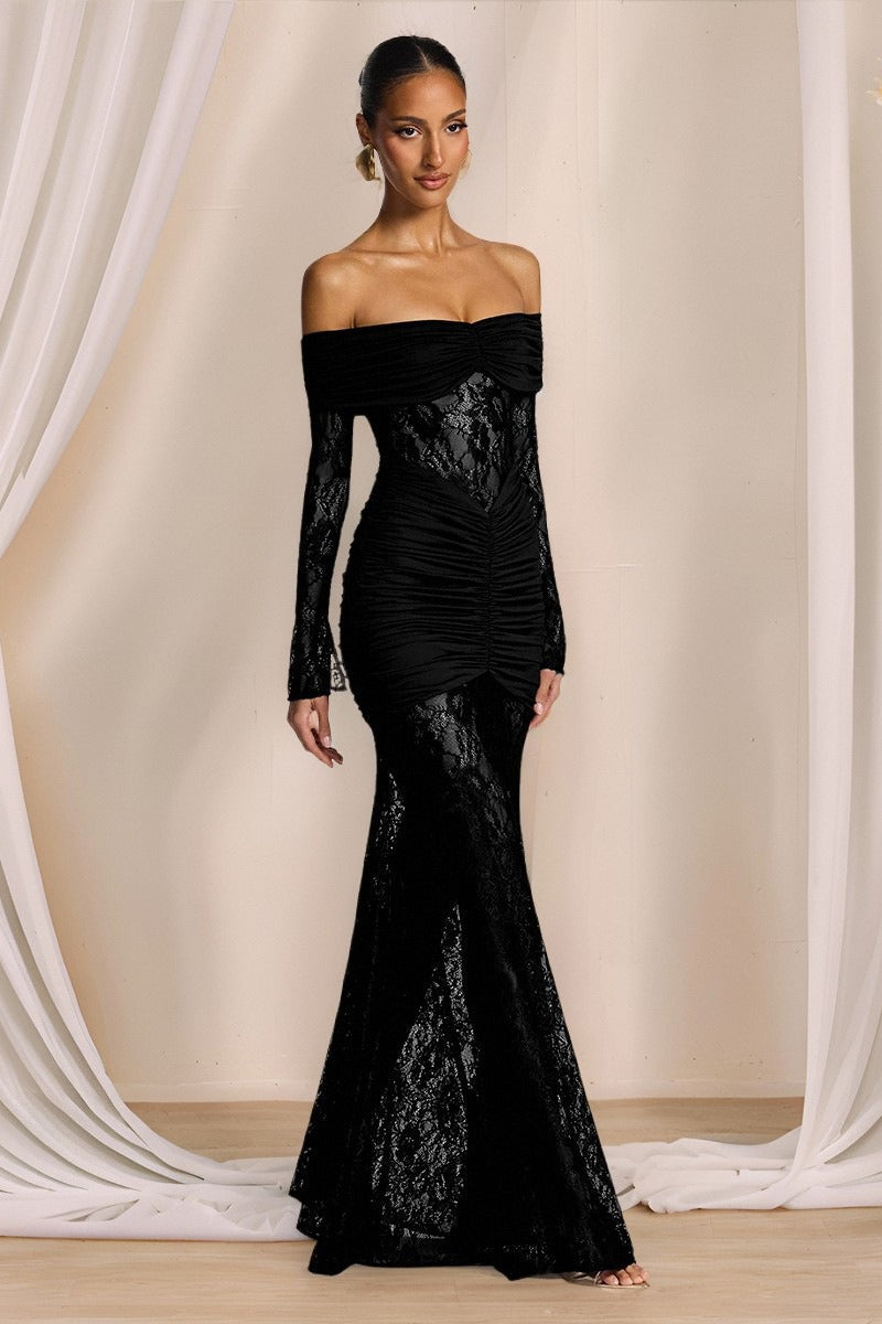 Lace Off Shoulder Ruched Bodice Floral Lace Long Sleeve Mermaid Gown