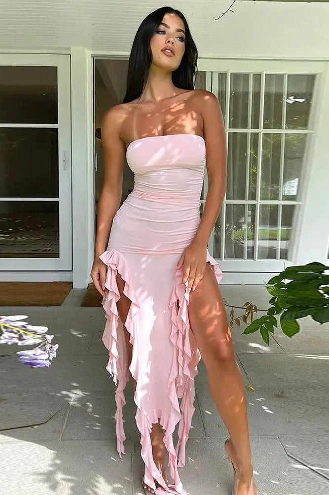 Strapless Ruched Bodycon Asymmetric Ruffle Hem High Split Midi Dress