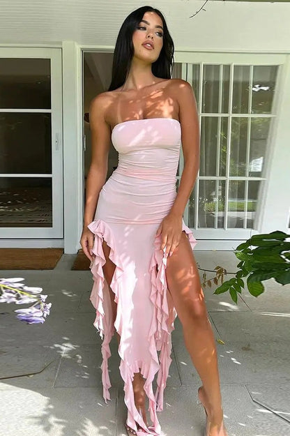Strapless Ruched Bodycon Asymmetric Ruffle Hem High Split Midi Dress
