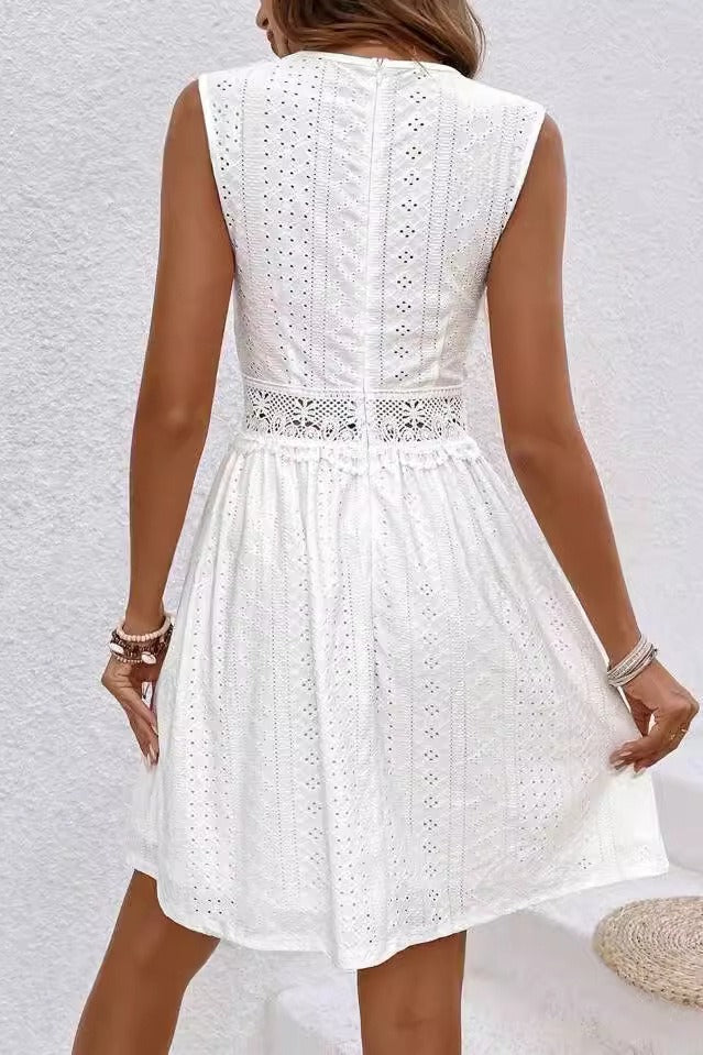 Sleeveless V-Neck Crochet Lace Waistband Eyelet Panel A-Line Mini Dress