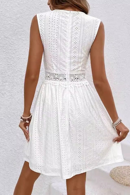 Sleeveless V-Neck Crochet Lace Waistband Eyelet Panel A-Line Mini Dress