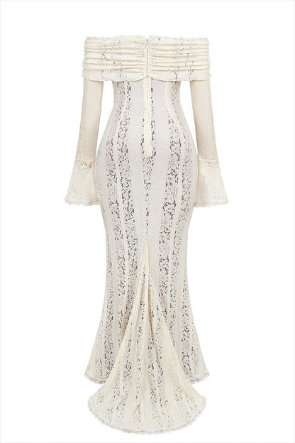Floral Lace Off Shoulder Bell Sleeve Mermaid Maxi Dress