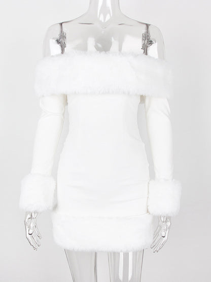 Faux Fur Trim Mini Dress Off The Shoulder Sexy Birthday Party Dresses