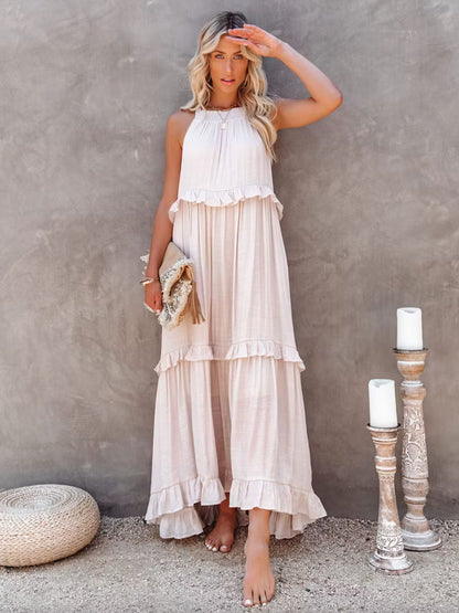 Boho Halter Neck Maxi Shift Dress for Women - Ruffle Tiered Flowy Sun Dress - Summer Beach Vacation 2026