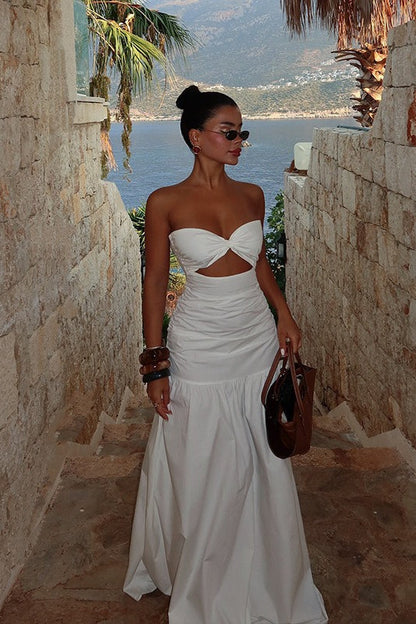 Strapless Twist Front Cutout Ruched Tiered Maxi Dress