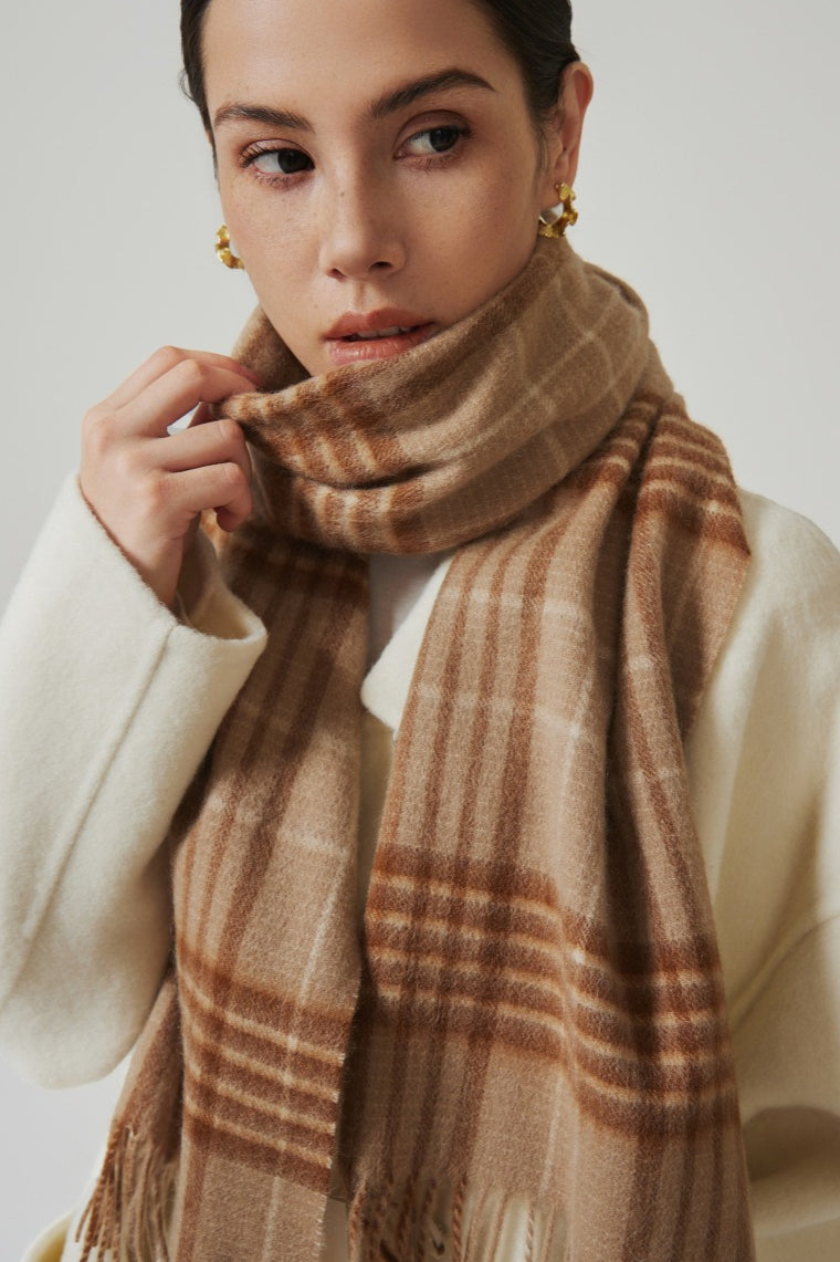 Wool Plaid Minimalist Fringed Scarf