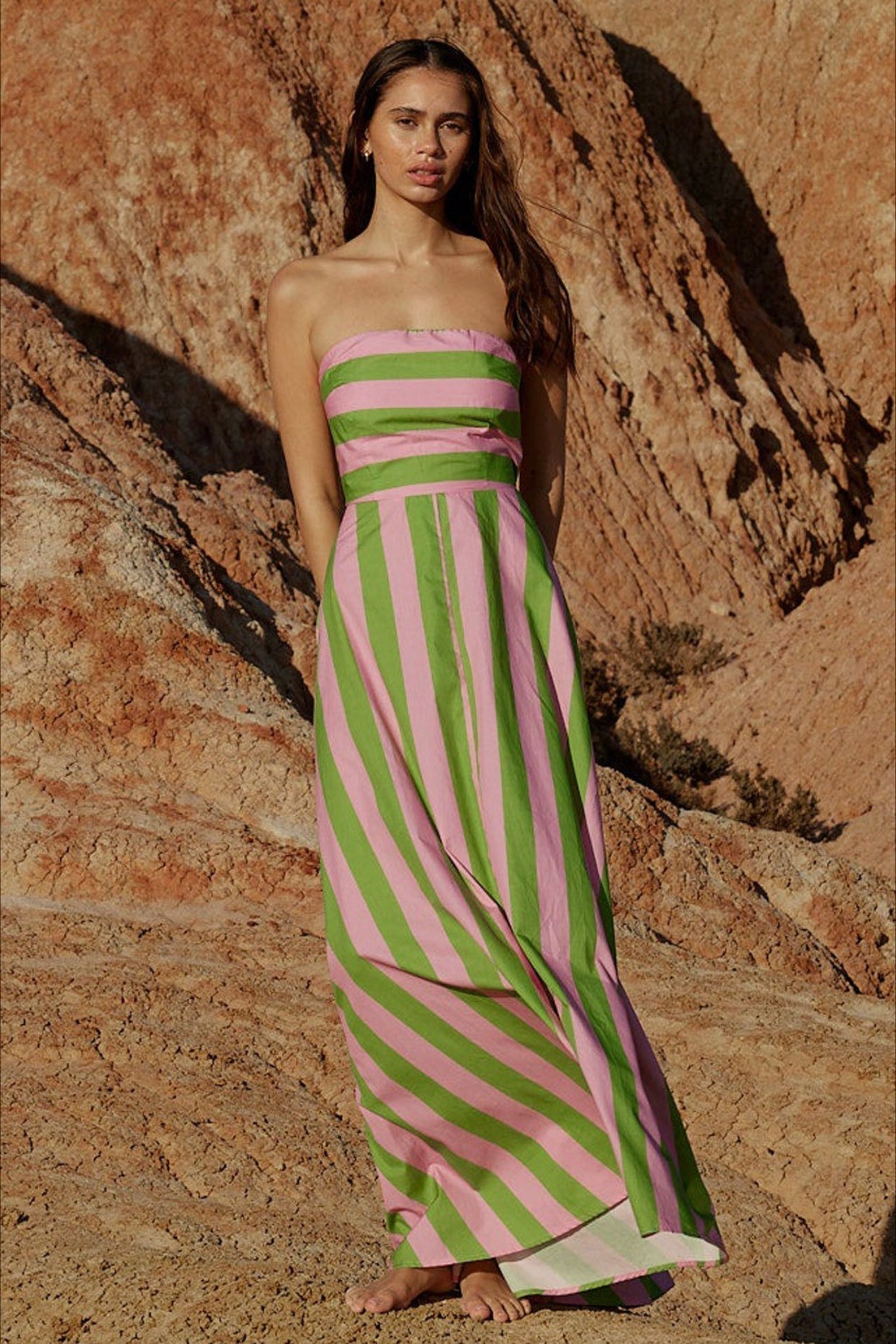 Strapless Horizontal Stripe Bodice Diagonal Stripe A-Line Maxi Dress