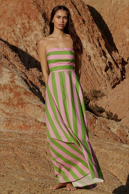Strapless Horizontal Stripe Bodice Diagonal Stripe A-Line Maxi Dress