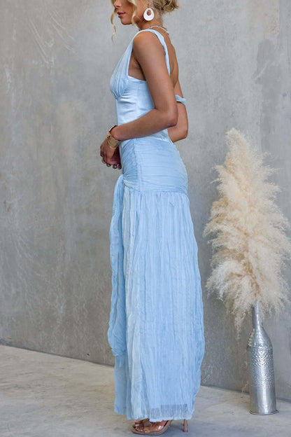 Zariyah Satin Bodice Asymmetric Neck Tie-up Waist Chiffon Hem Maxi Dress
