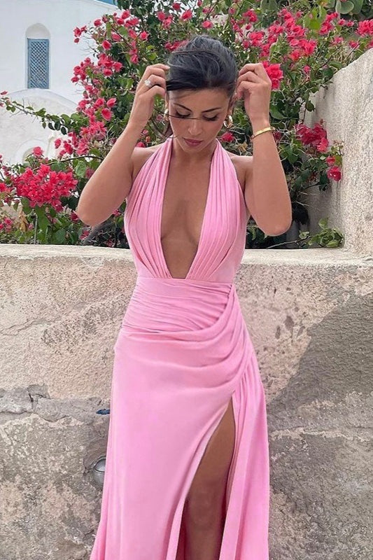 | U Neck Halter Tie Ruched Slit Maxi Dress