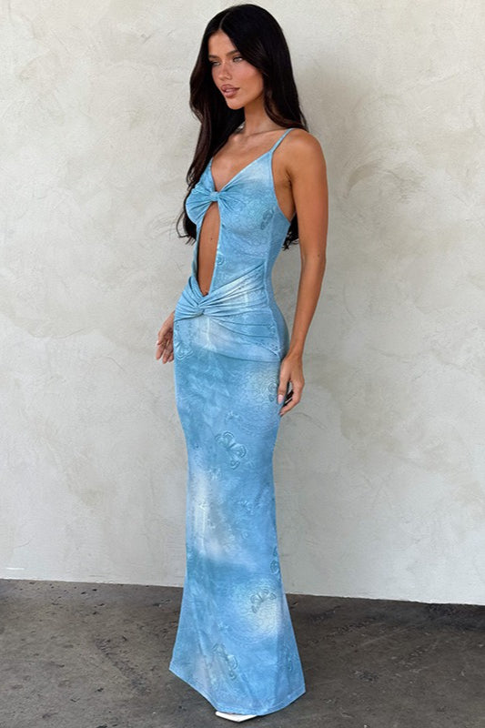 Twist Front Diamond Cutout Butterfly Print Bodycon Maxi Dress
