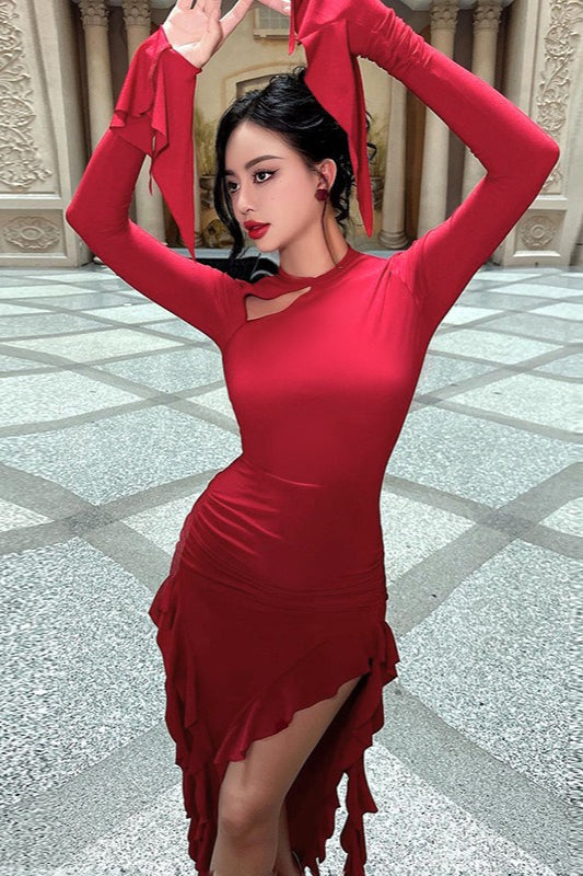 Crew Neck Ruched Long Sleeve Integrated Glove High Slit Ruffle Trim Maxi Dress