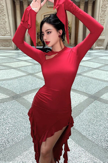 Crew Neck Ruched Long Sleeve Integrated Glove High Slit Ruffle Trim Maxi Dress