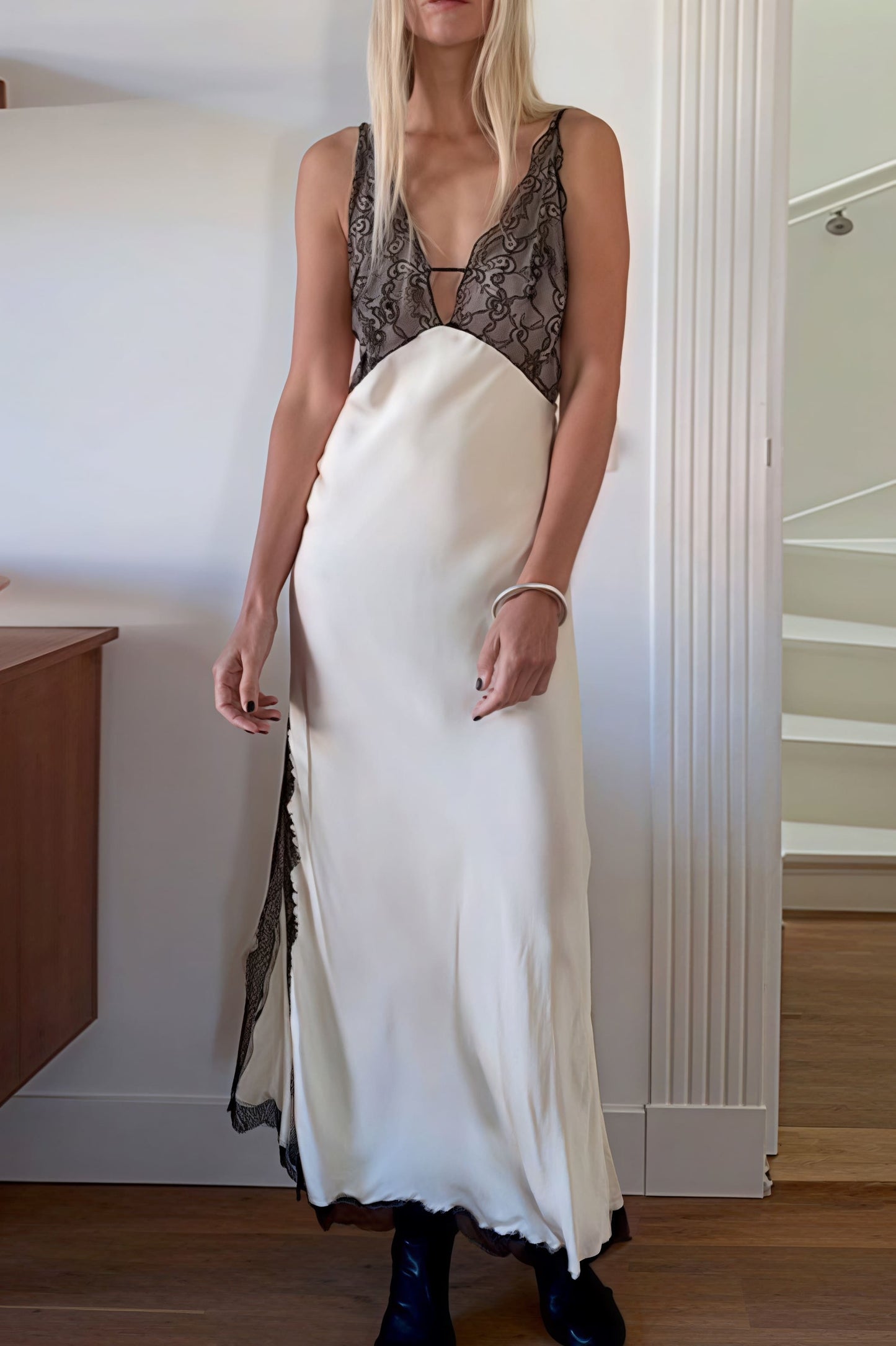 | Lace-Trimmed Satin Backless Dress