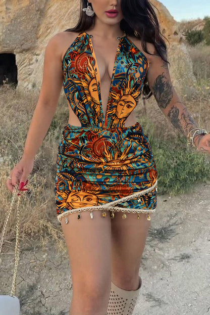 Unique Print Halter Neck Backless Tie Fitted Mini Dress