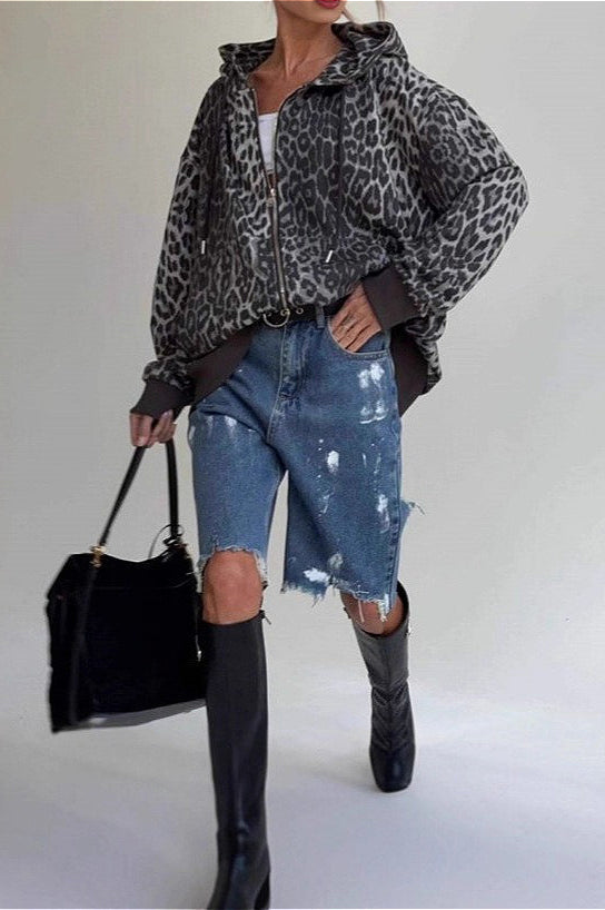 Leopard Zip-Up Loose Hoodie