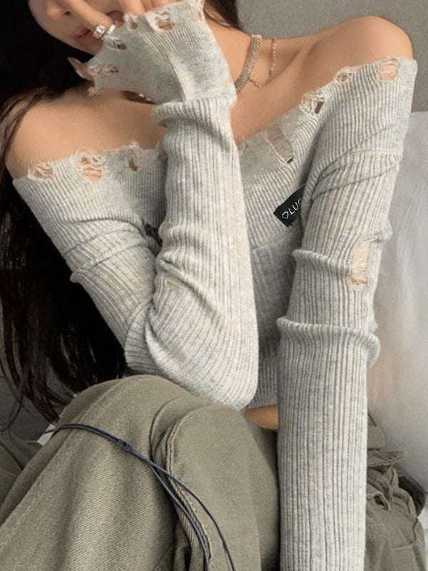 Solid Tattered Off Shoulder Long Sleeve Knit