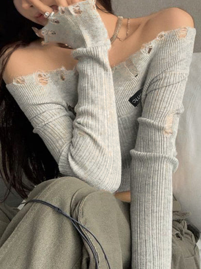 Solid Tattered Off Shoulder Long Sleeve Knit