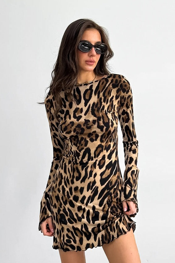 Print Crew Neck Long Sleeve Lettuce Hem Mini Dress