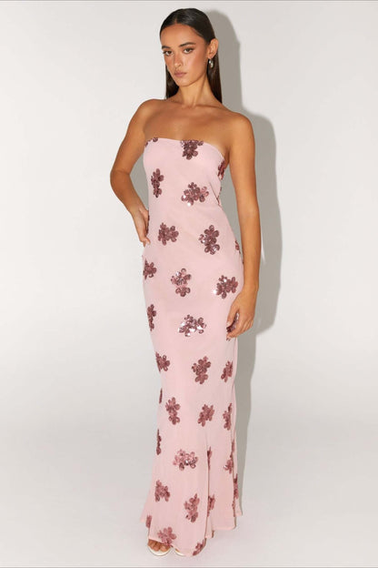Strapless Sequin Floral Embellished Sheer Mesh Column Maxi Gown