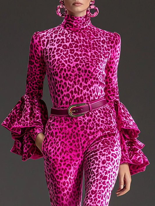 Women's Pink Leopard Print Ruffle Top And Flared Pants Set – Retro Outfit