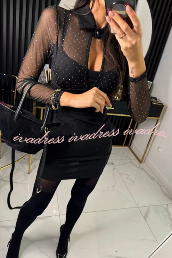 Stevie Mesh Glitter Fabric Cutout Shirt Neck Long Sleeve Stretch Mini Dress