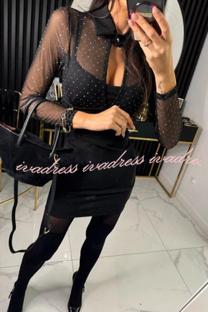 Stevie Mesh Glitter Fabric Cutout Shirt Neck Long Sleeve Stretch Mini Dress