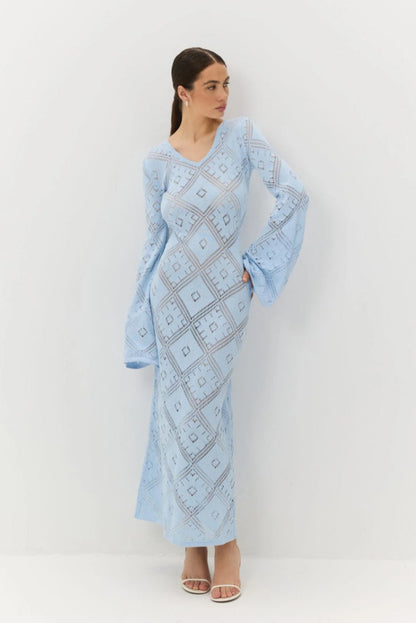 | Knit Argyle Jacquard Long Sleeve Maxi Dress