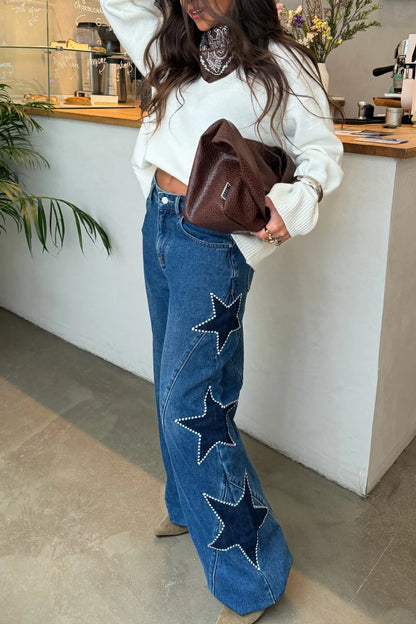 Jessy Denim Mid Rise Side Star Pattern Pocket Wide Leg Jeans