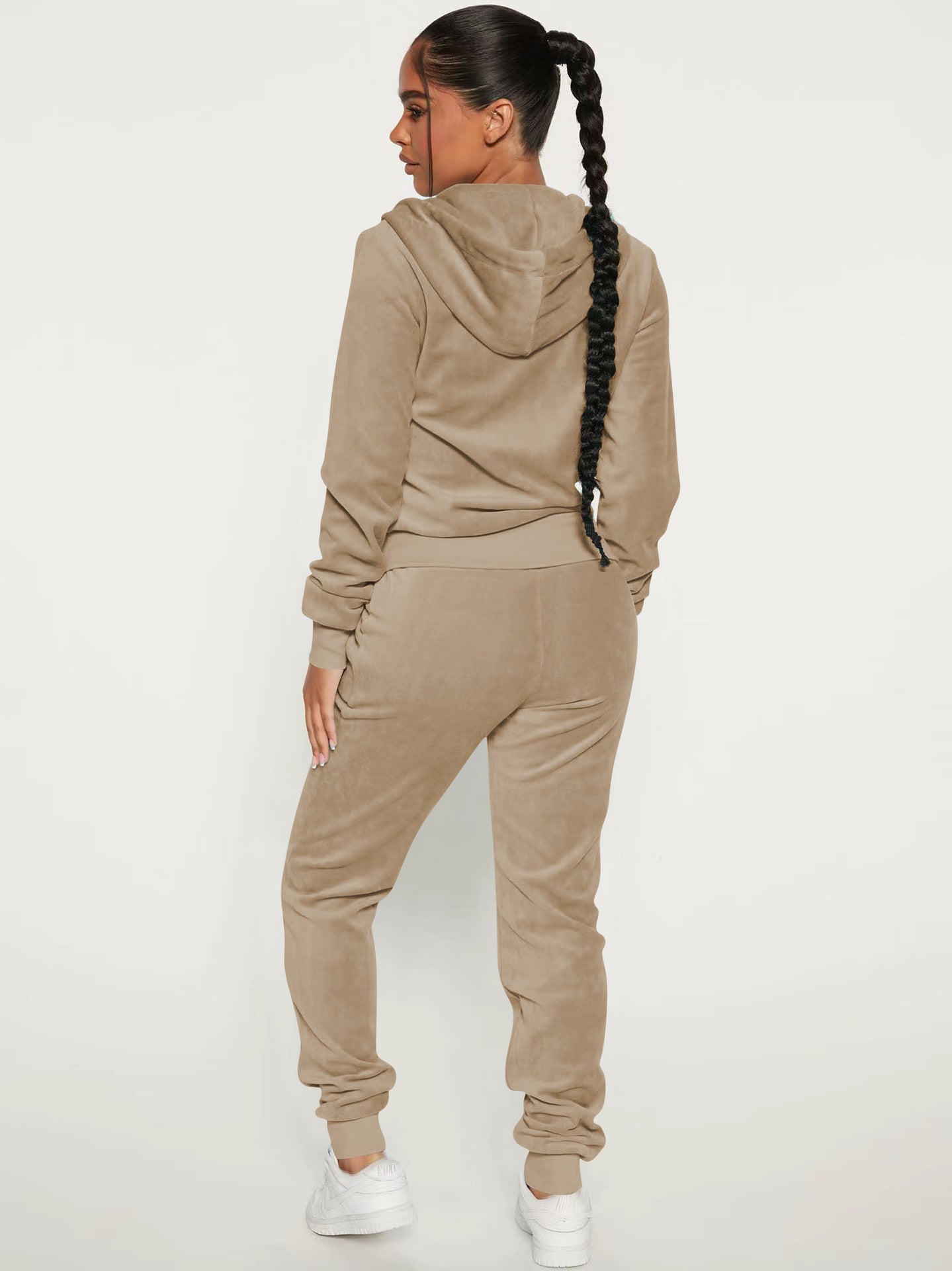 Velour Zip Up Slim Fit Hoodie Jogger Set For Women 2026