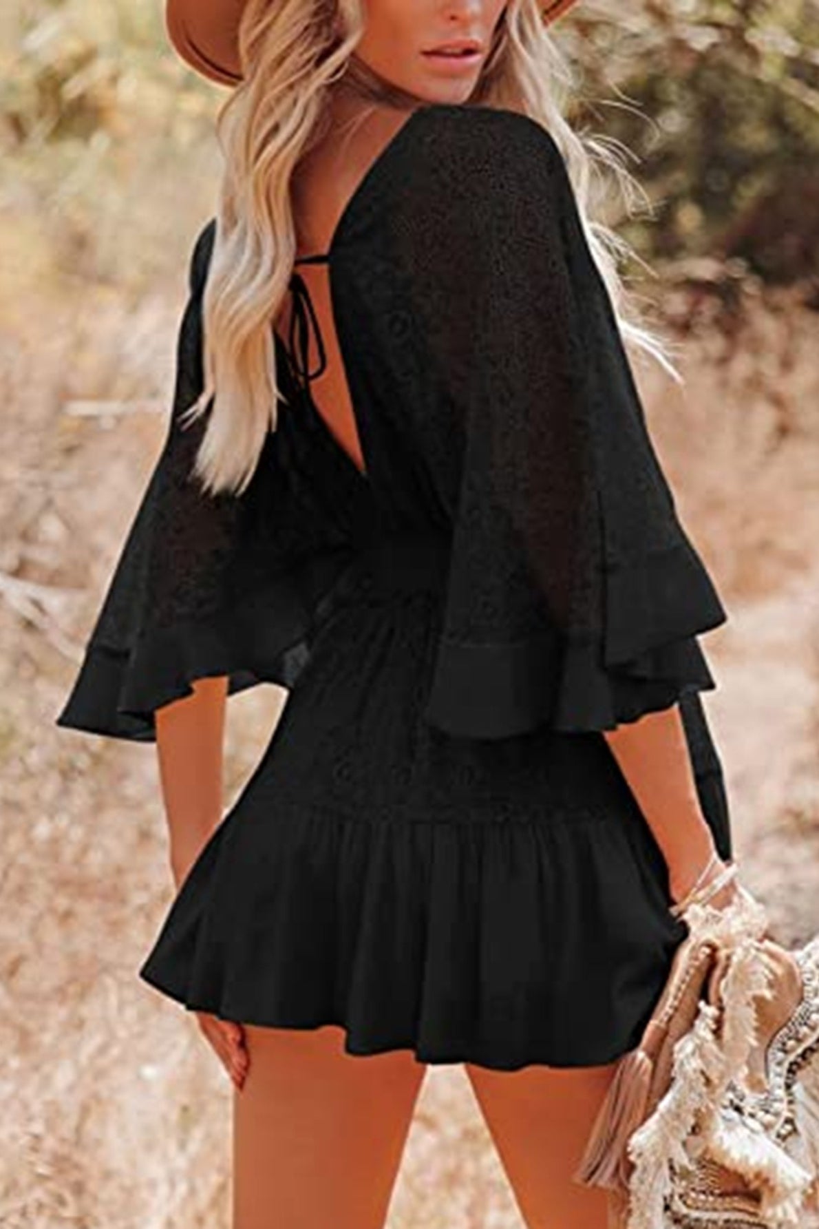 Smocked Waist Eyelet Lace V-Neck Flutter Sleeve Button-Front Boho Mini Dress