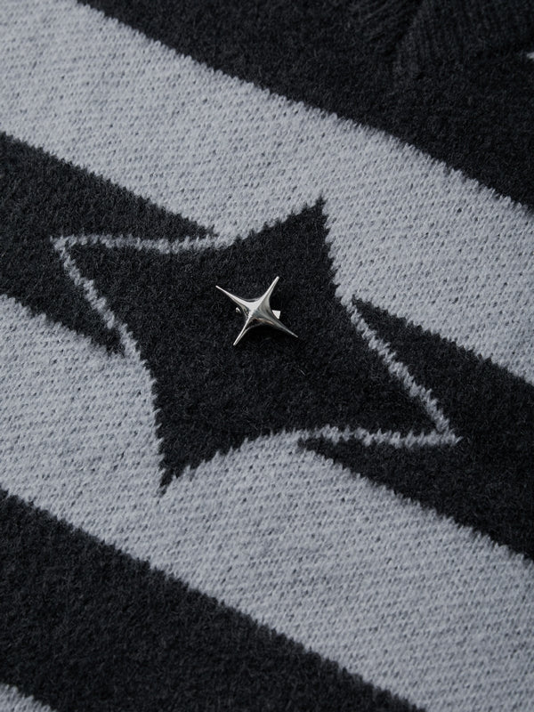 Plush Stripe Print V Neck Star Embellished Sweater
