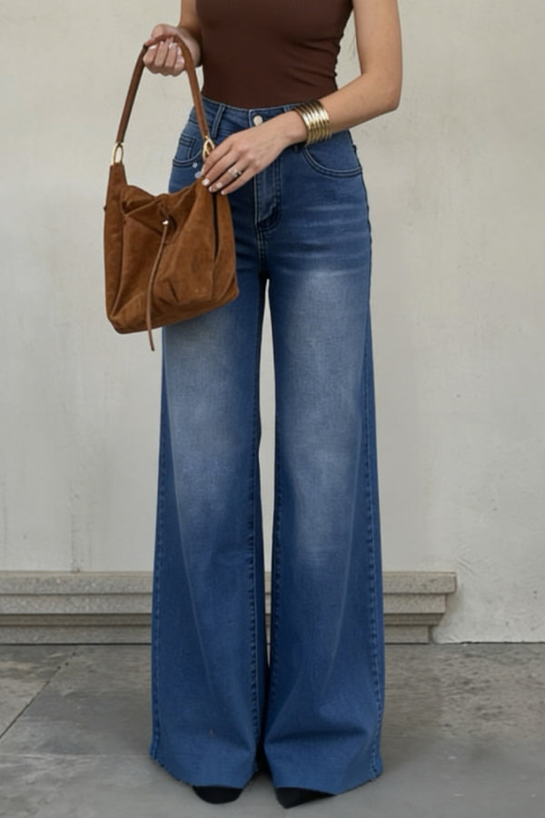 Stylish High-waisted Pocket Casual Frayed Straight Leg Jeans