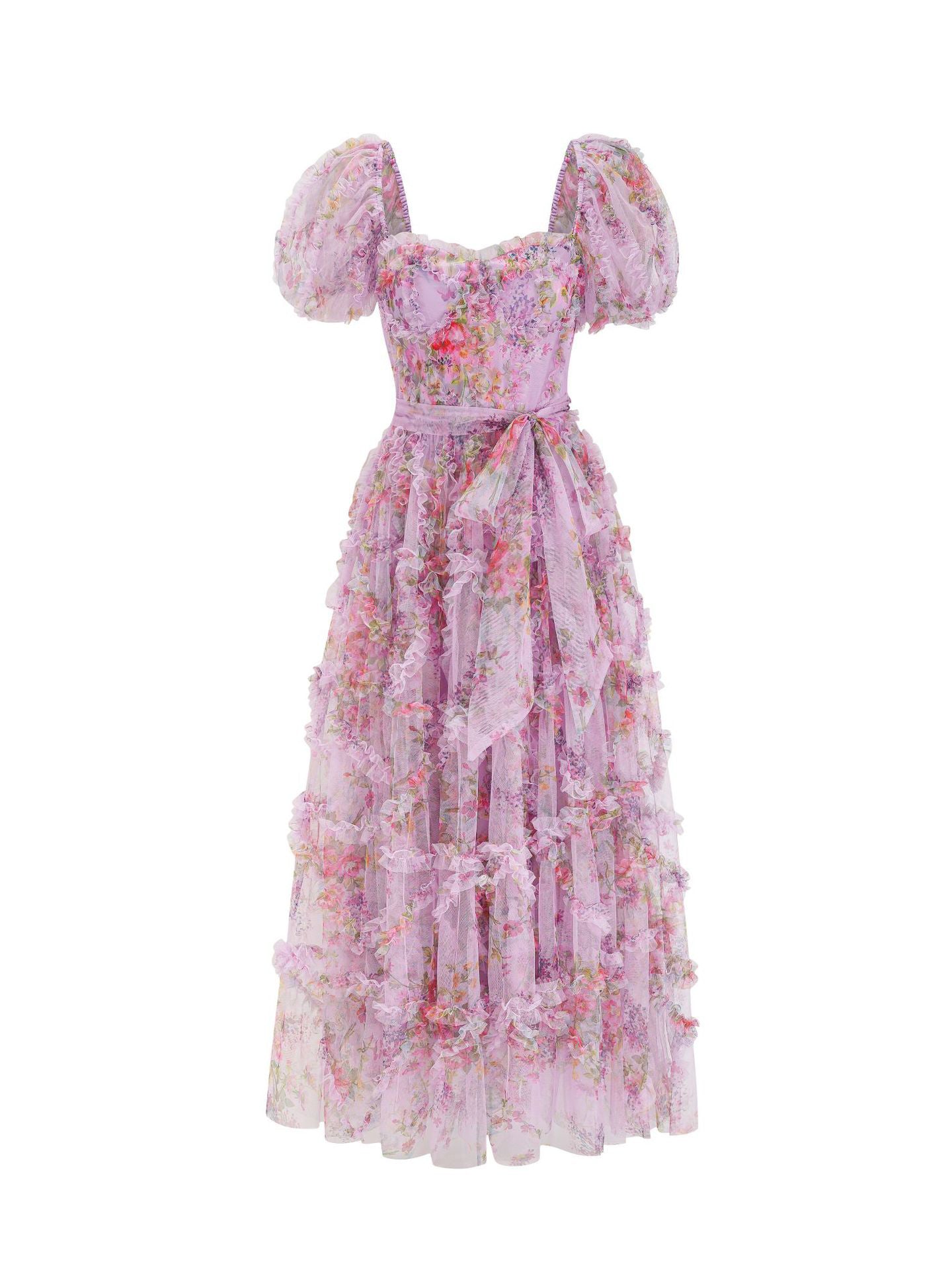 Floral Dress Floral Print Puff Sleeves Belted Sweet Party Prom Maxi Dresses