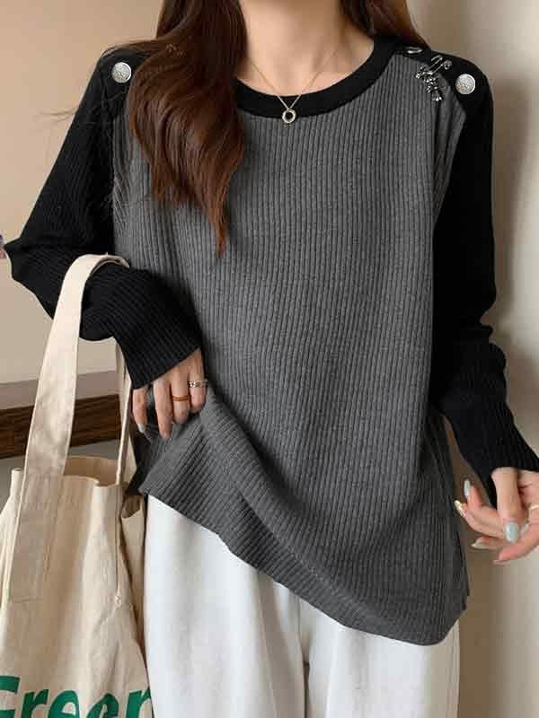 Contrast Color Splice Metal Decor Long Sleeve Knit