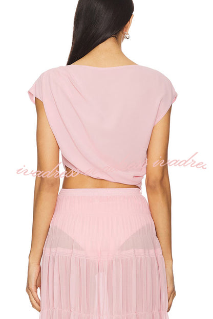 Stunning Chiffon Ruched Shoulder Short Sleeve Crop Top