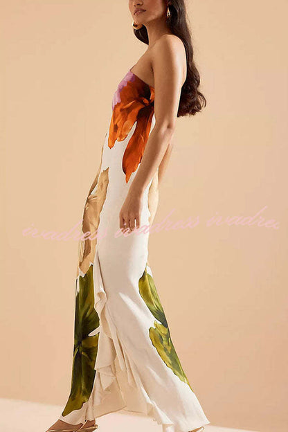 Love Filled Floral Print One Shoulder Side Ruffles Maxi Slip Dress