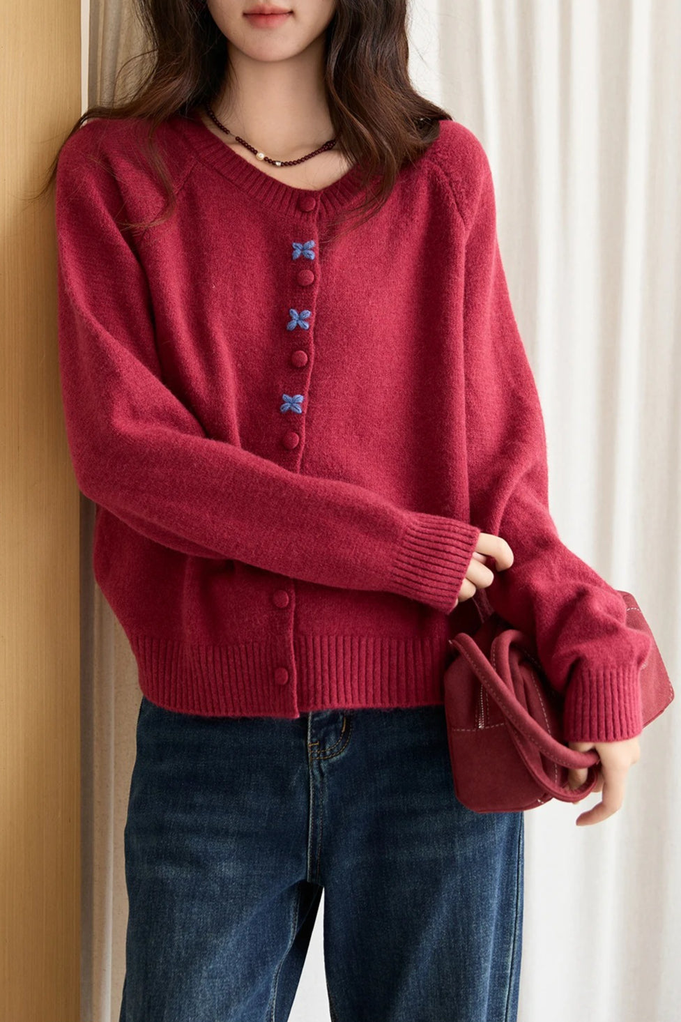 Round Neck Embroidered Buckle Cardigan