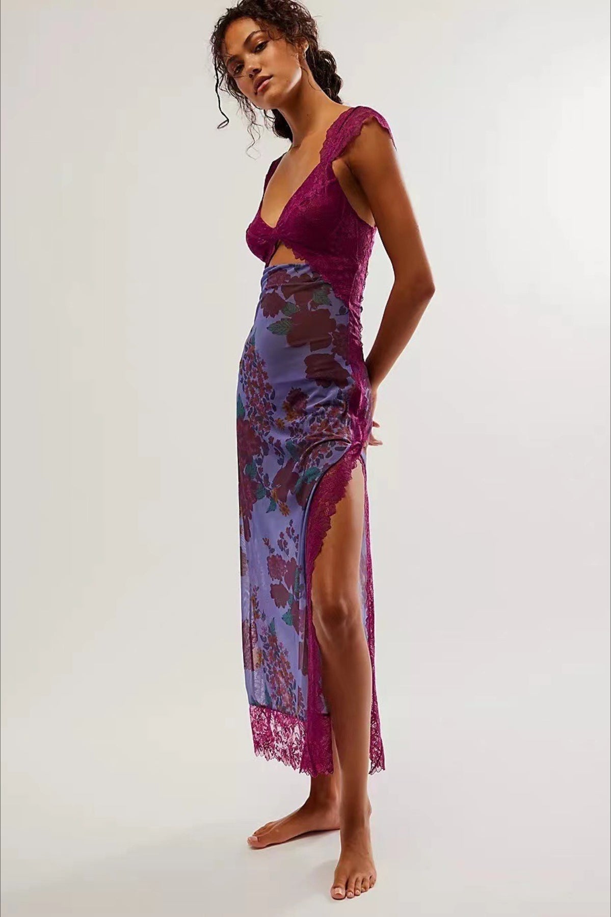 Lace Sweetheart Bodice Cut Out Flutter Sleeve Floral Print Slip Maxi Dress