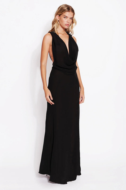 Hooded Deep Cowl Neck Sleeveless Backless Maxi Dress
