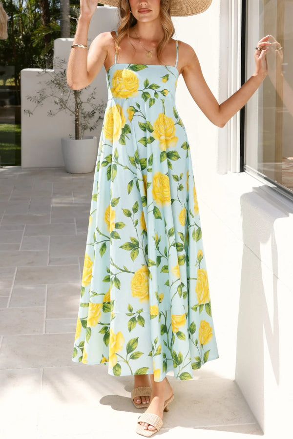 Floral Print Square Neck Sleeveless Casual Vacation Maxi Dress