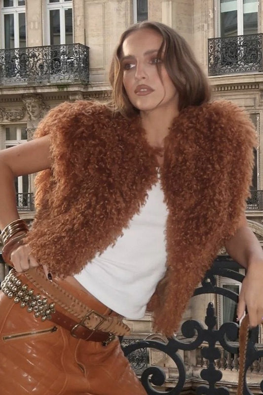 Halter Cut Out Back Shearling Collar Vest